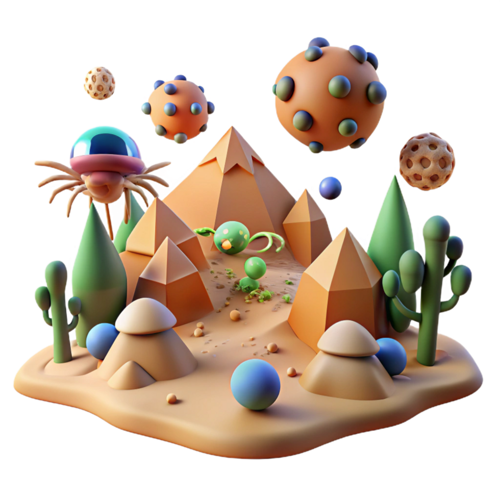 3D Render of Alien Desert Landscape with Geometric Structures png