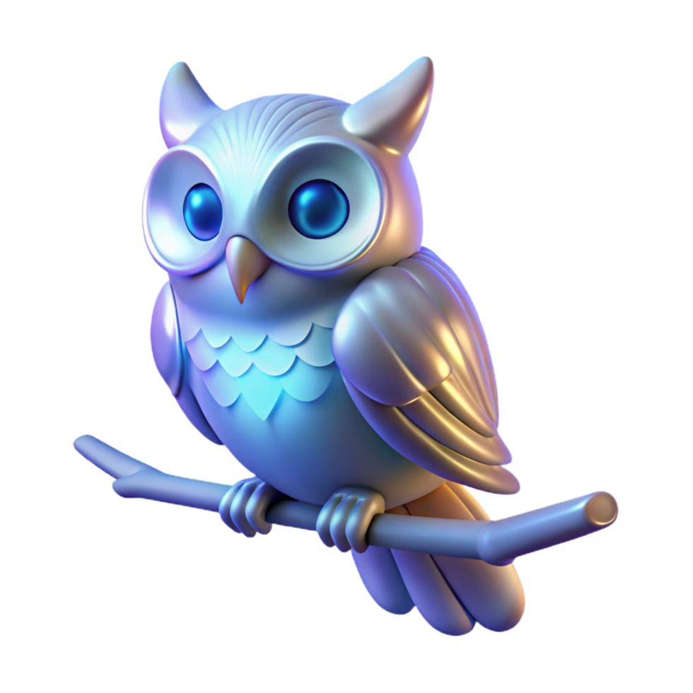 3D Render of a Luminescent Owl Perched on a Branch png