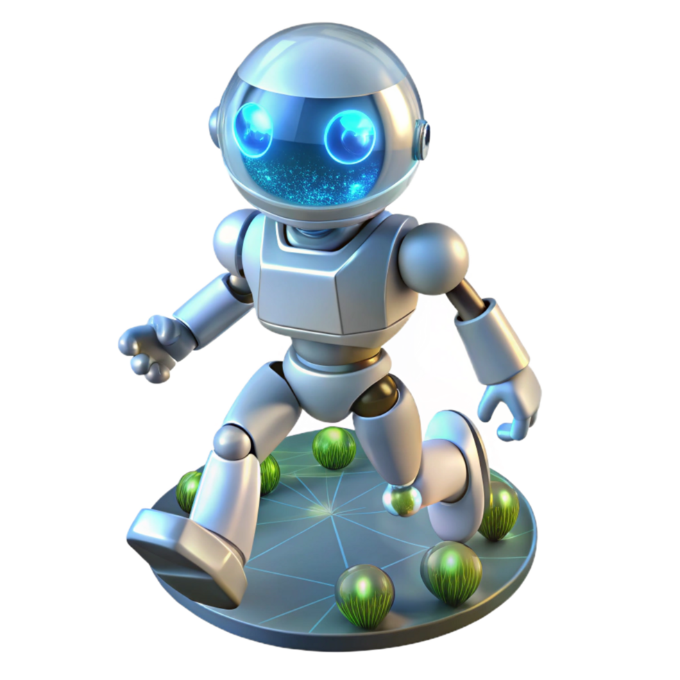 Futuristic Robot Walking on Illuminated Platform with Glowing Spheres png