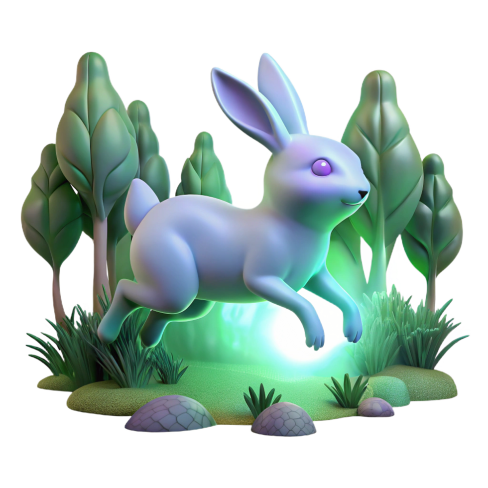 3D Render of a Rabbit Leaping Through a Magical Forest png