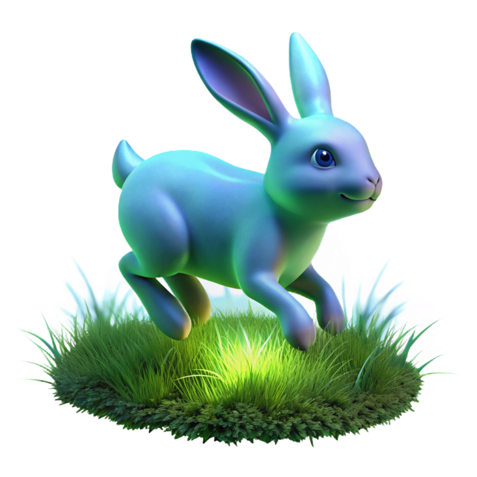 3D Render of a Blue Bunny Hopping in Green Grass png