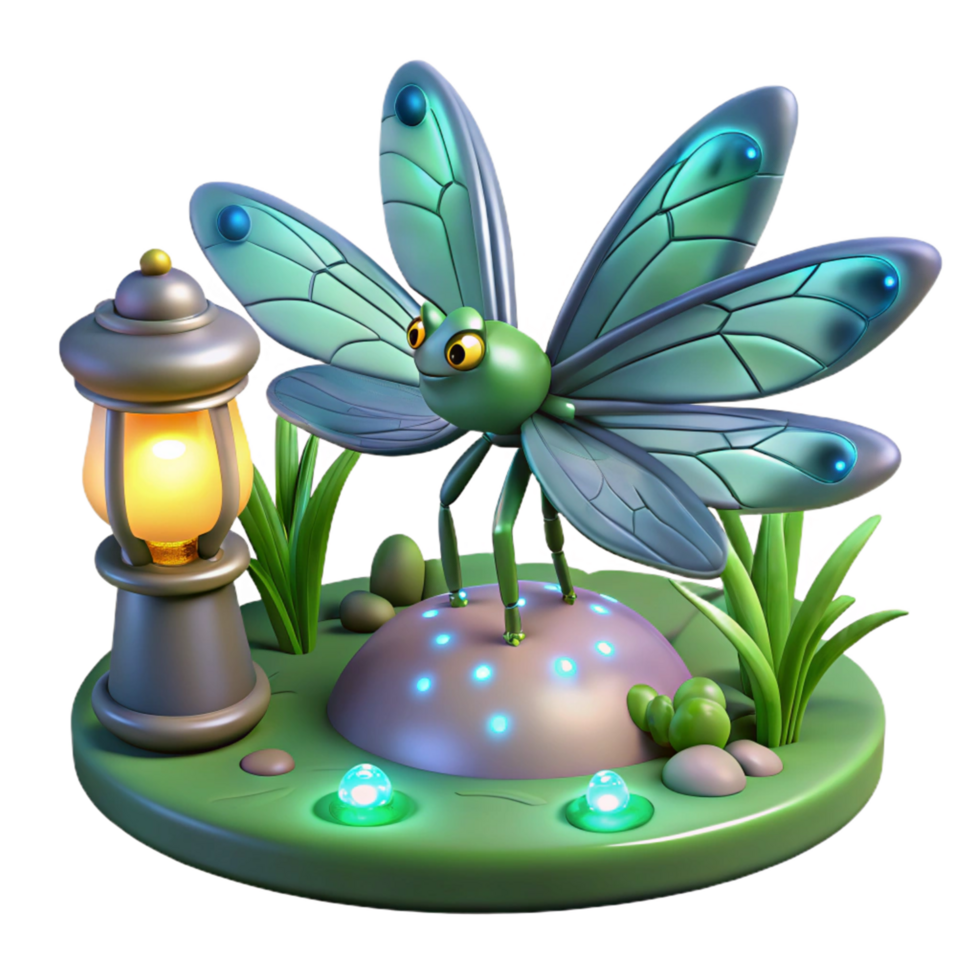 Enchanted Dragonfly and Glowing Lantern in a Fantasy Garden png