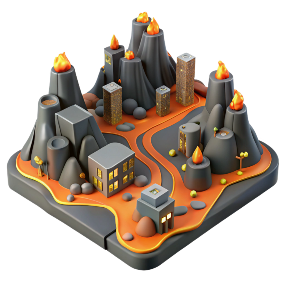 Volcanic Cityscape Digital Render of Urban Environment with Active Volcanoes png