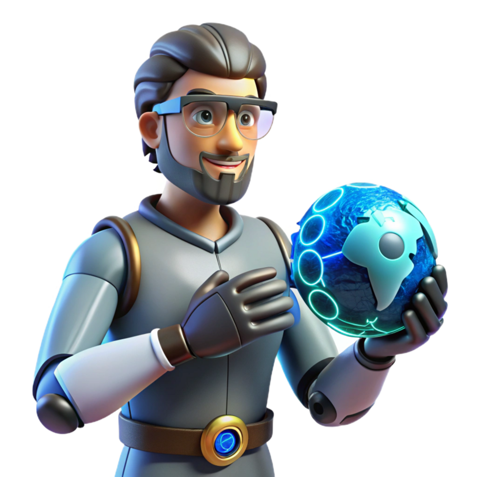 3D Render of Robotic Scientist Holding Global Network png