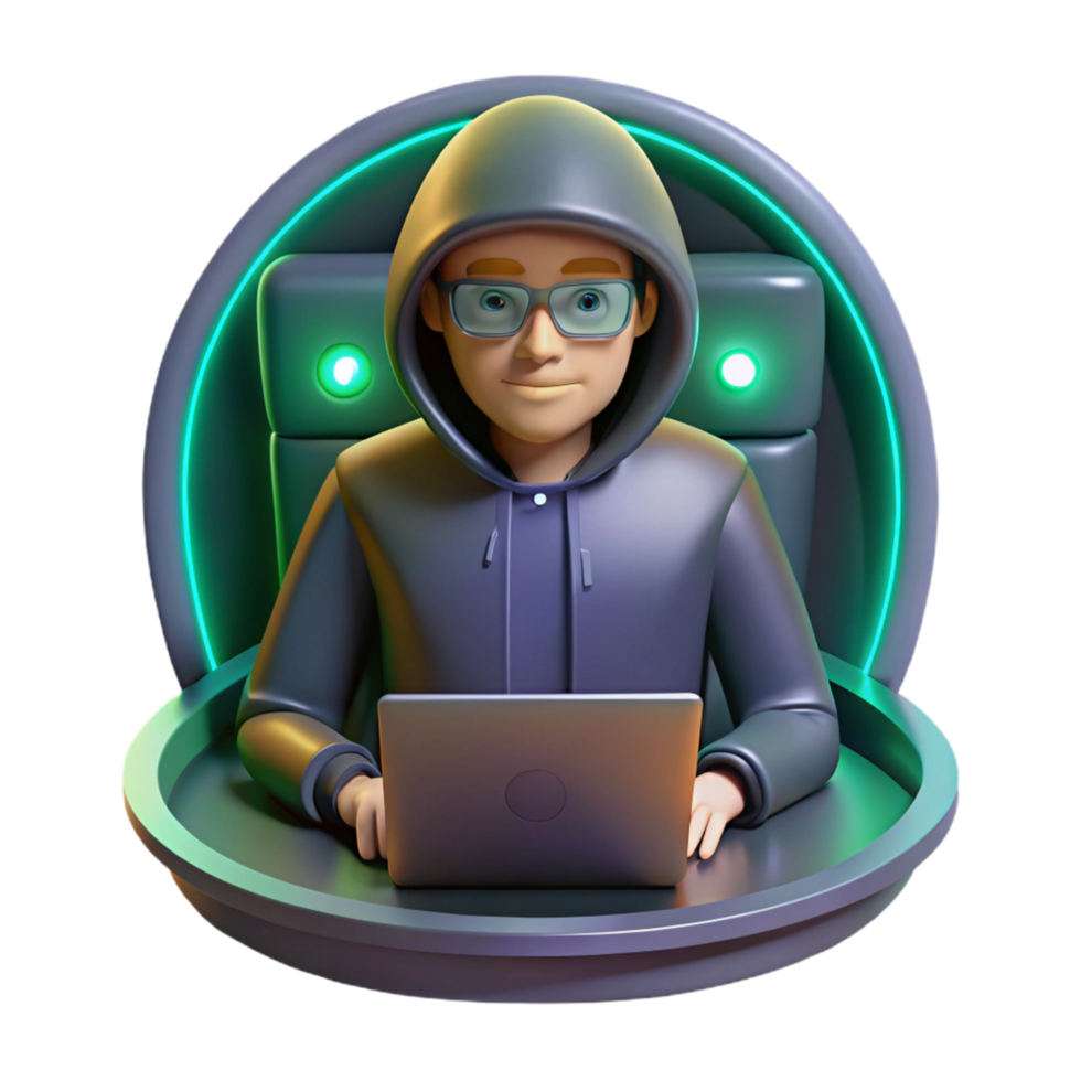 Anonymous Hacker Working on Laptop in Futuristic Setting png