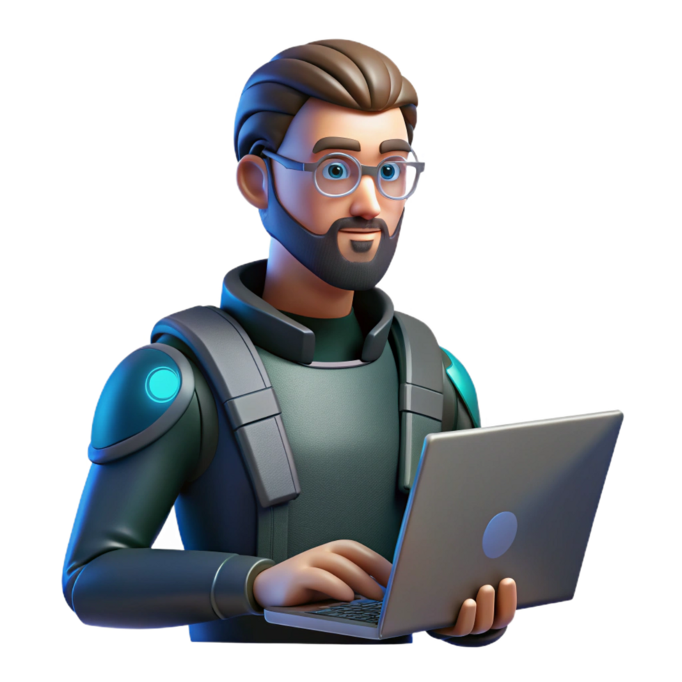 Futuristic Professional Using Laptop 3D Render png