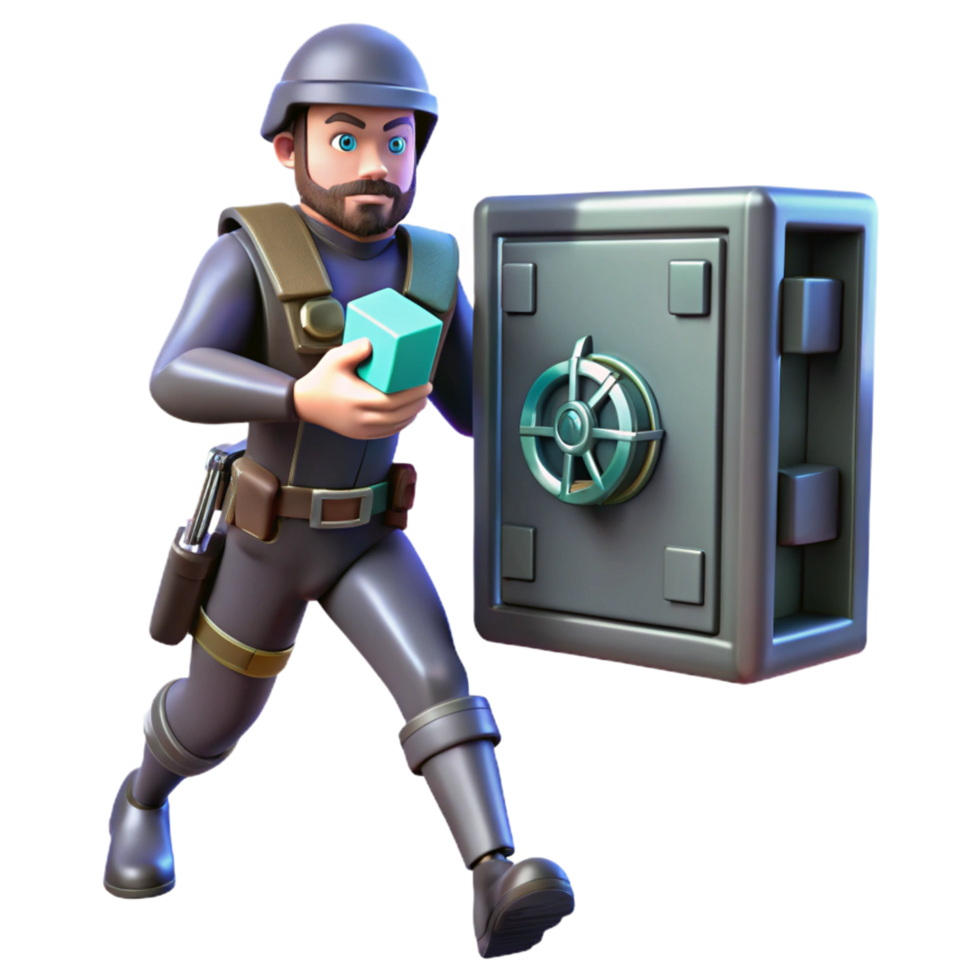 3D Render of Security Guard with Safe and Cube png