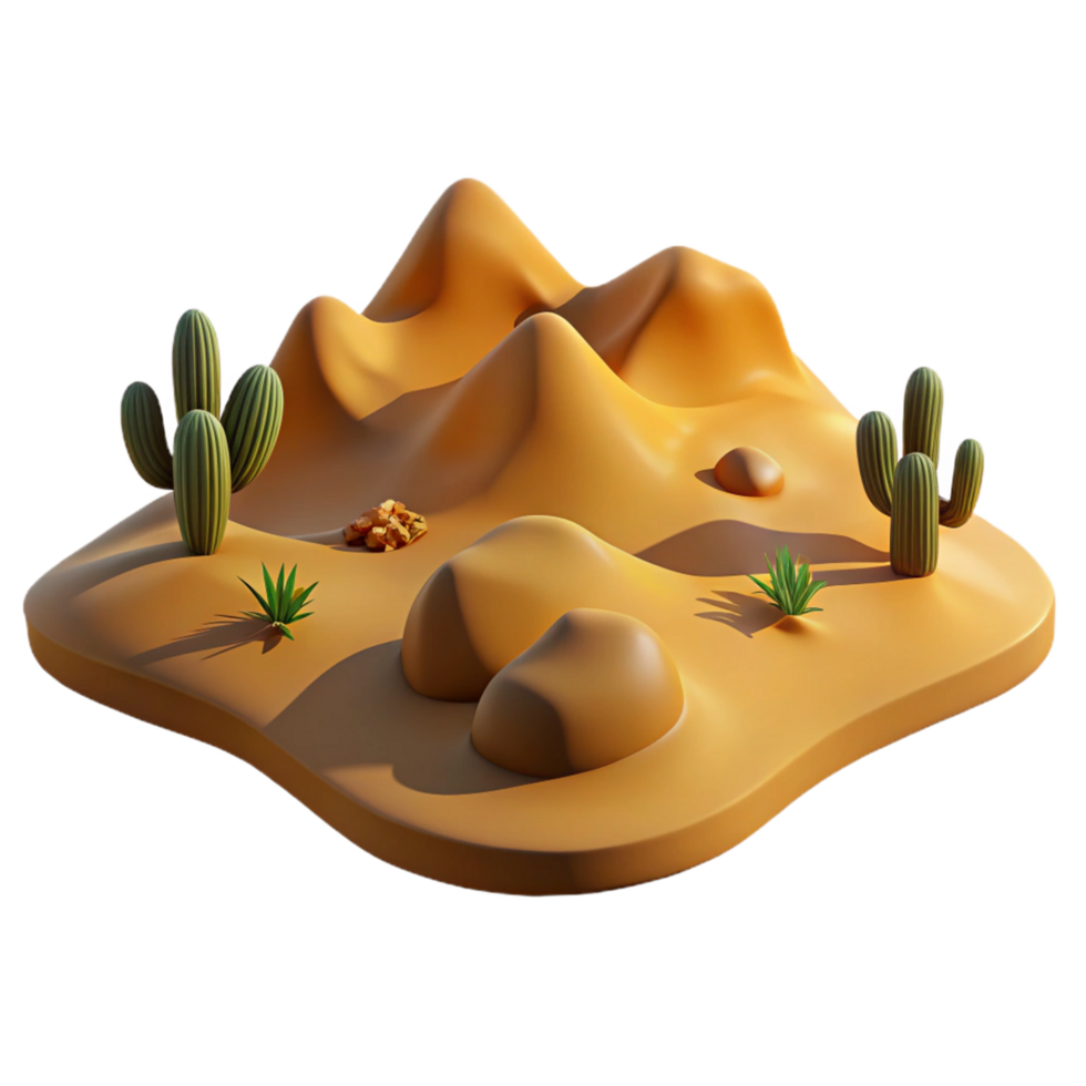 3D Render of Desert Landscape with Cacti and Rocks png