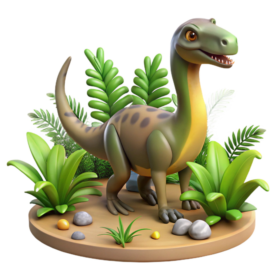 Adorable 3D Cartoon Dinosaur in Lush Tropical Setting png