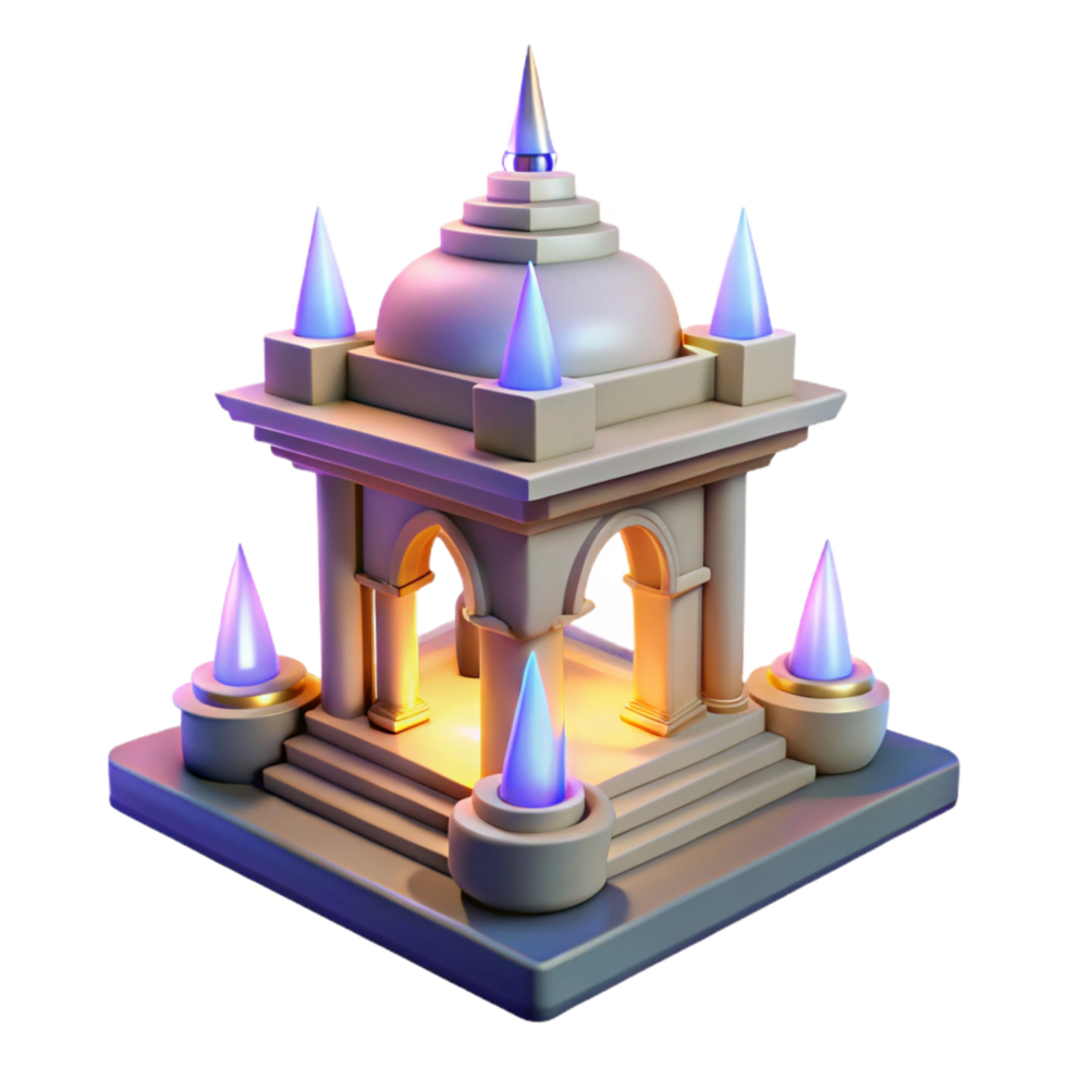3D Render of a Mystical Temple with Glowing Conical Flames png