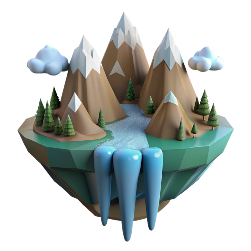 Floating Island 3D Render of Mountainous Landscape with River and Waterfall png