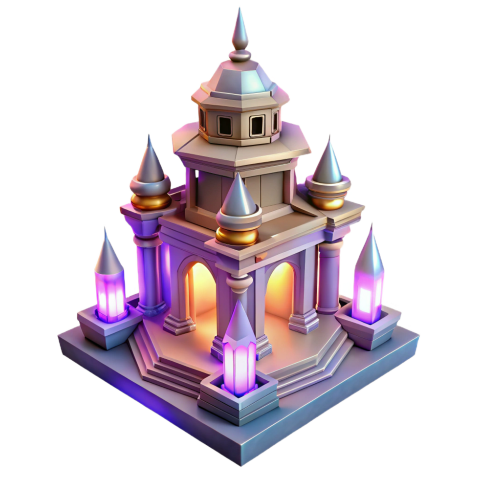 Fantasy Castle 3D Model Illuminated Architecture with Towers and Pillars png