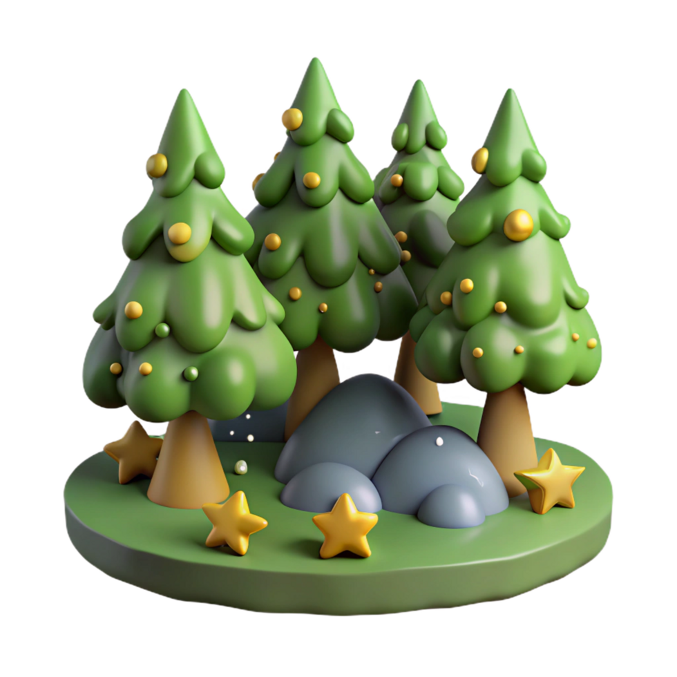 3D Render of Festive Cartoon Trees and Stars png
