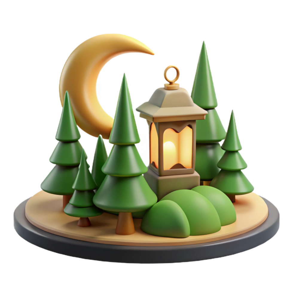 Night Scene with Lantern, Crescent Moon, and Pine Trees png