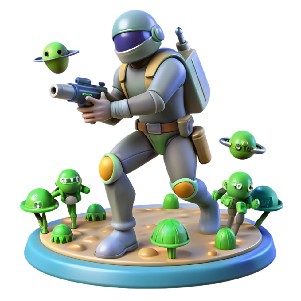 Astronaut Action Figure with Alien Planets and Robots png
