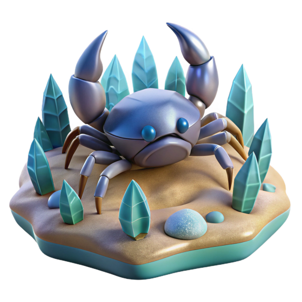 Digital Render of a Crab on a Sandy Island with Crystals png