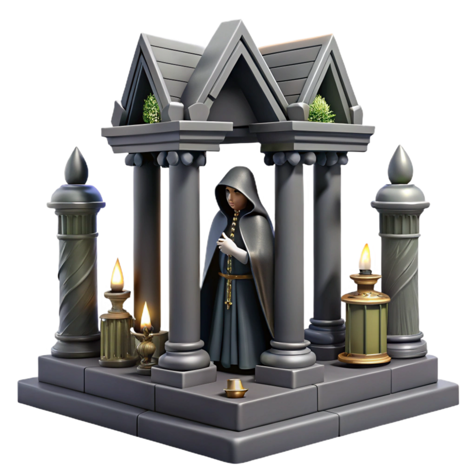 Digital Render of Hooded Figure in Classical Shrine with Candles png