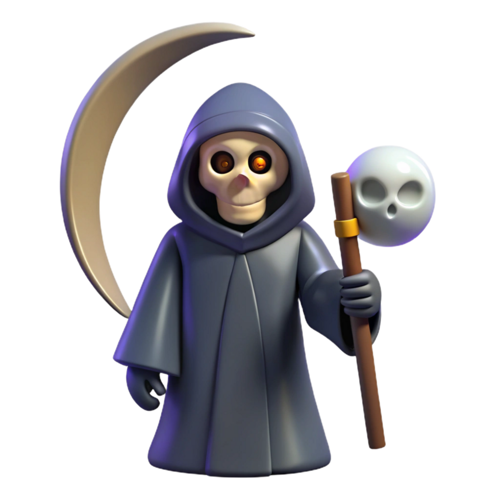 Digital Render of Grim Reaper with Scythe and Skull png