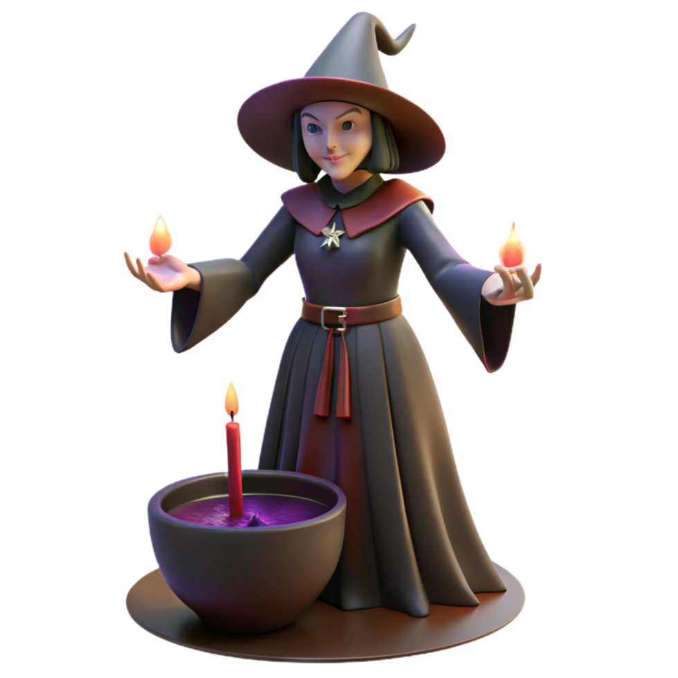 Digital Render of a Witch Casting a Spell with Flames and a Cauldron png