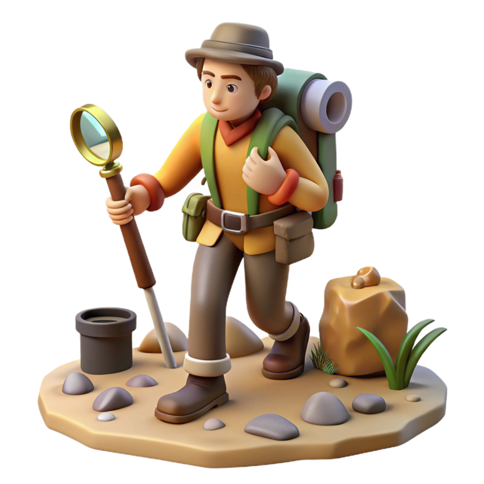 3D Render of Adventurous Hiker Exploring Nature with Magnifying Glass png