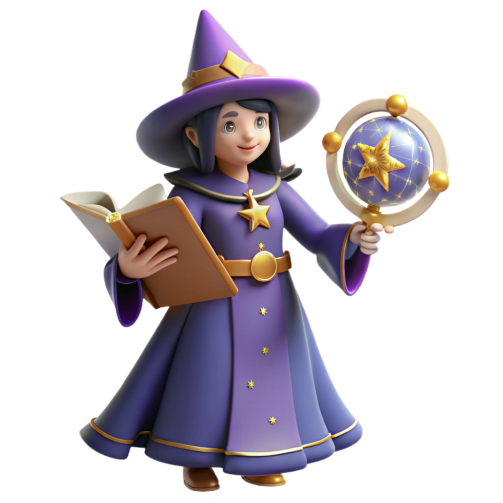 Young sorceress with spellbook and celestial sphere png