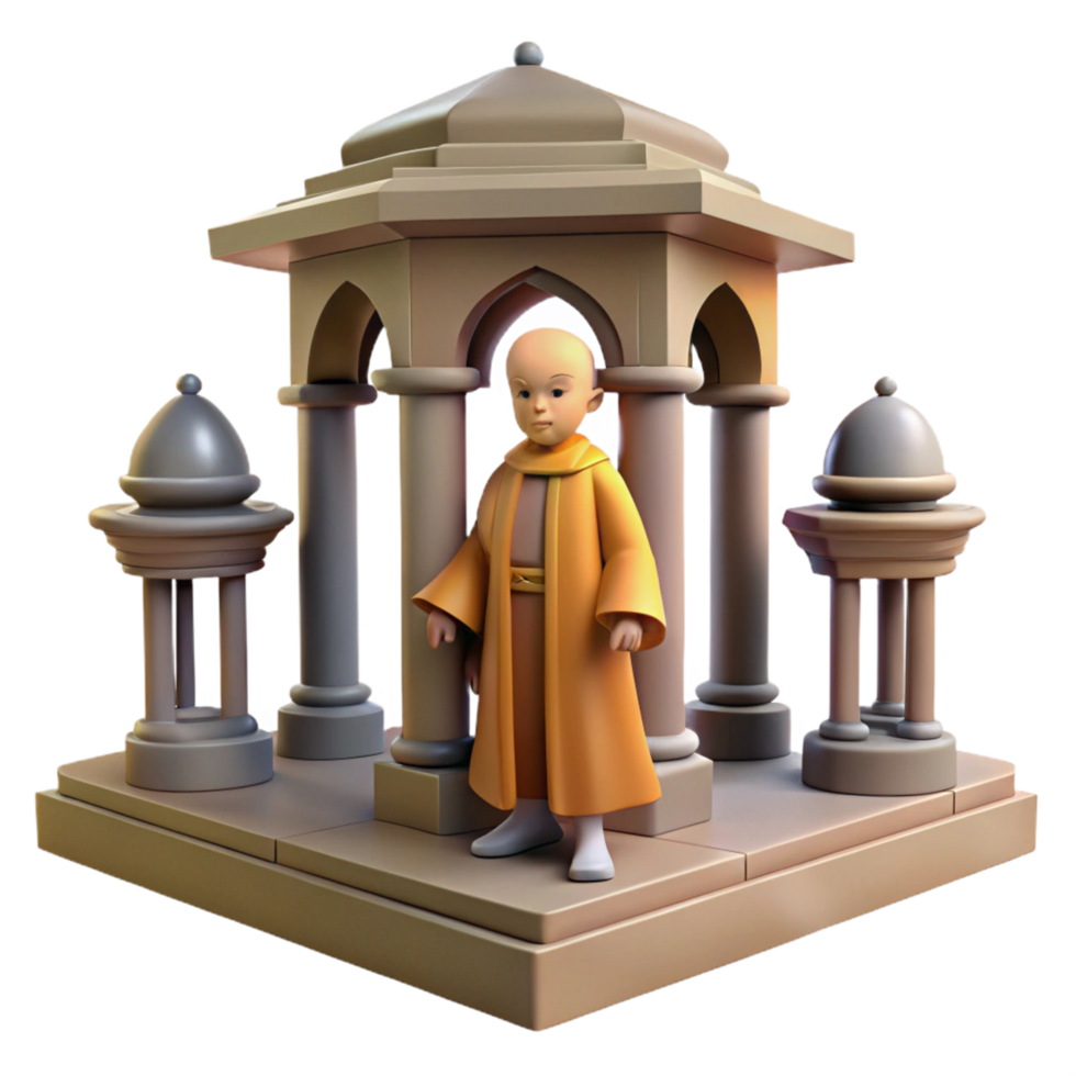 3D Render of a Young Monk in an Ancient Structure png