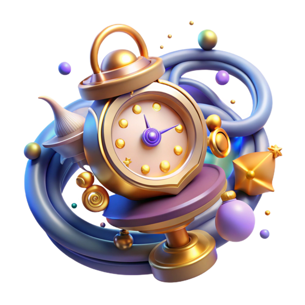 caprichoso relógio abstrato 3d render do uma dourado relógio com ornamentado Projeto e colorida abstrato elementos png