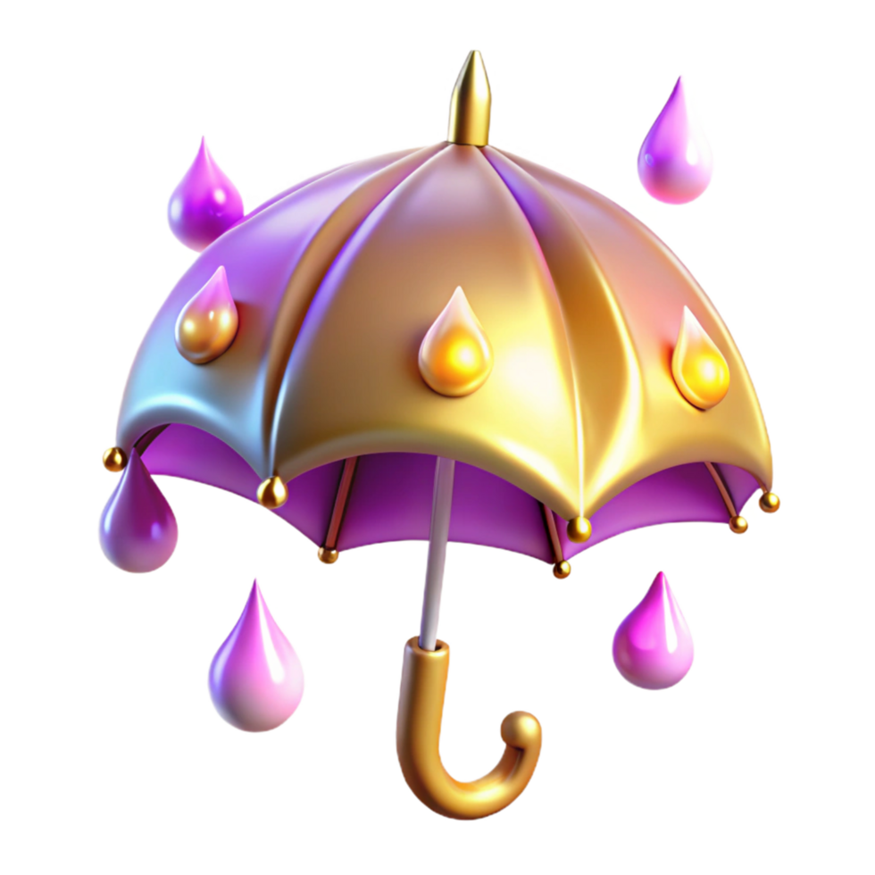Golden Umbrella with Purple Raindrops 3D Render of a Shiny, Elegant Umbrella png
