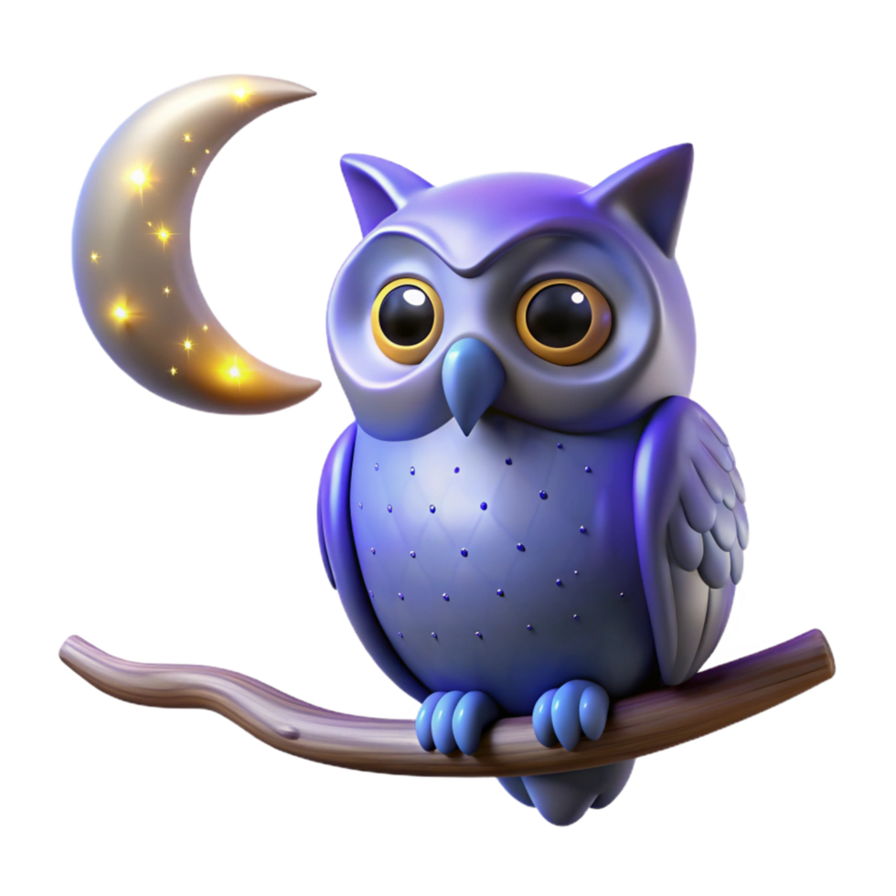 3D Render of an Owl Perched on a Branch Under a Crescent Moon png