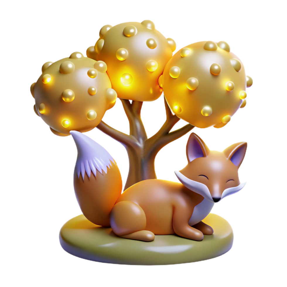 3D Render of a Fox Resting Under a Luminous Tree png