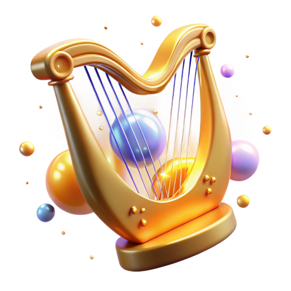 Golden Harp with Abstract Spheres 3D Render of a Musical Instrument png