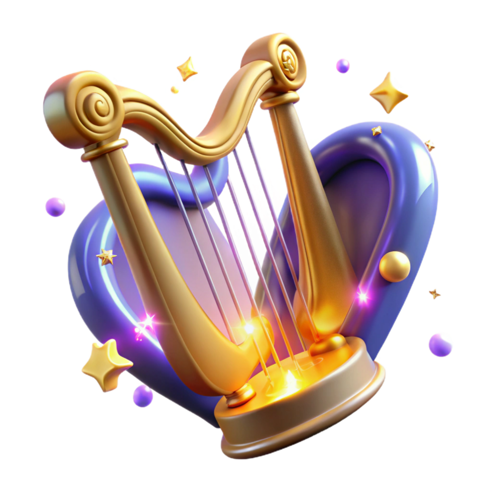 Golden Harp in Magical Setting 3D Render of Musical Instrument with Abstract Shapes and Stars png