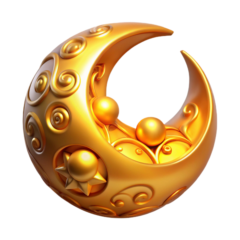 Golden Crescent Moon with Celestial Design 3D Render png