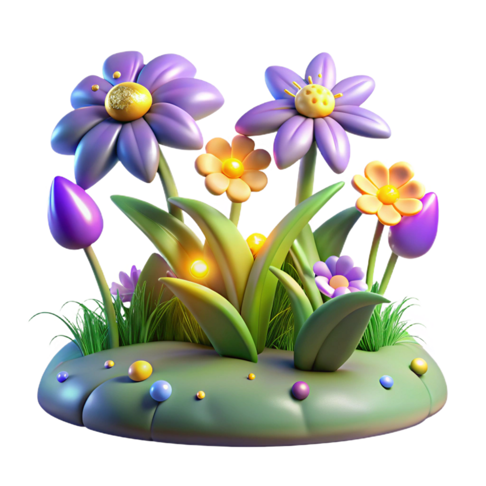 Enchanted Garden 3D Render of Colorful Flowers and Grass png