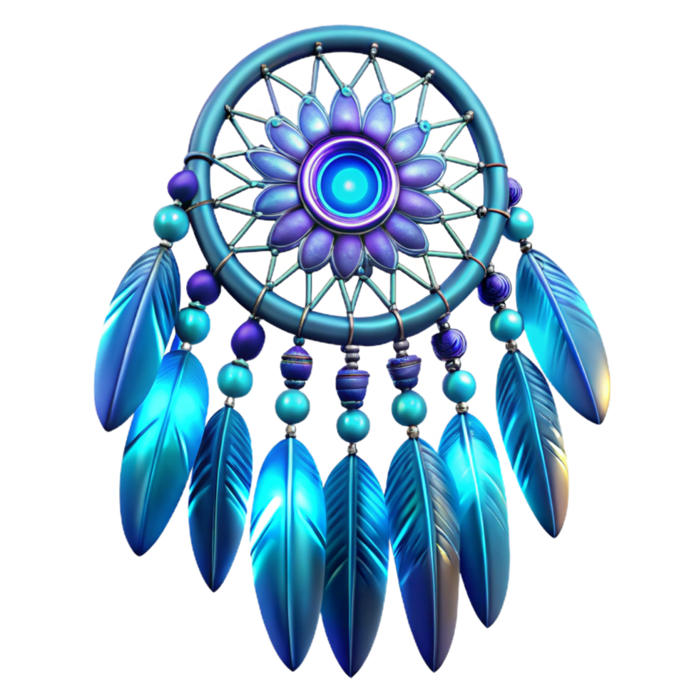 Blue Dreamcatcher with Feathers and Beads A 3D Render png