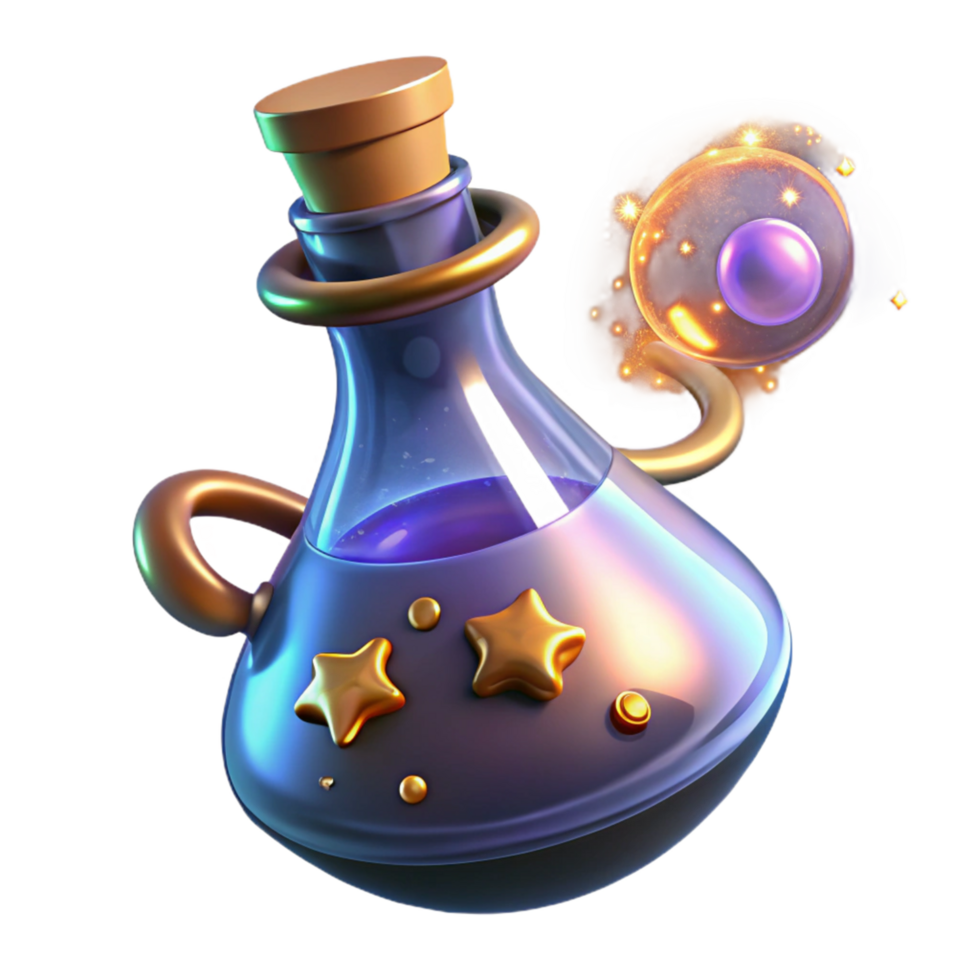 Celestial Potion A Mystical 3D Render of a Glowing Bottle png