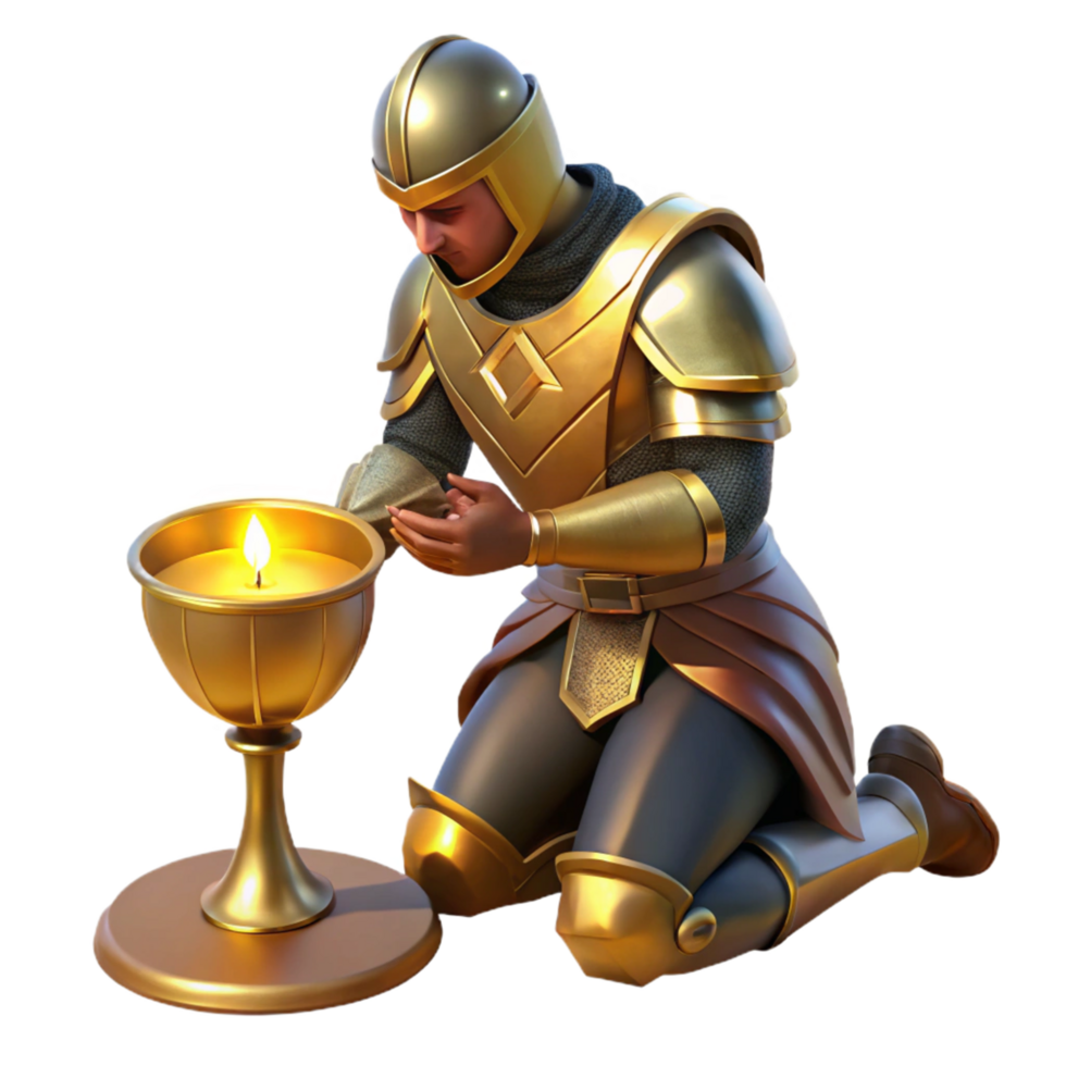 Knight in Golden Armor Kneeling in Prayer Before a Lit Candle png