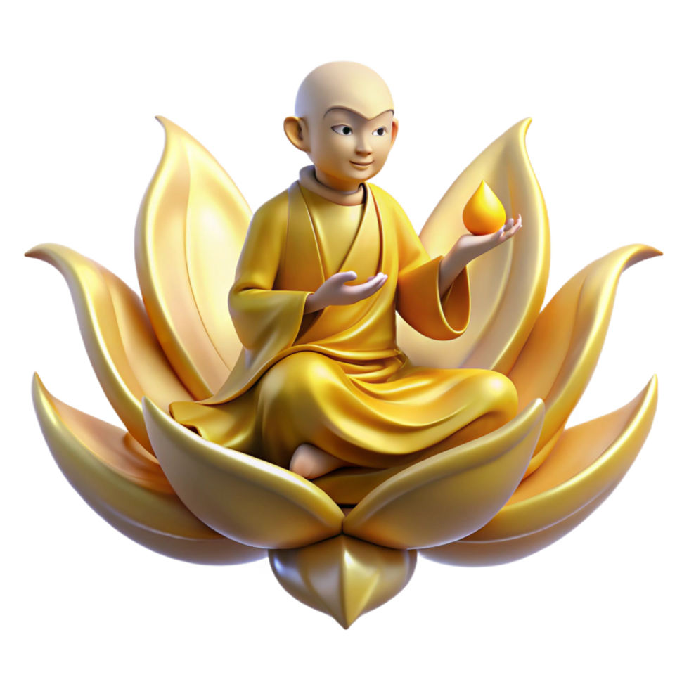 Serene Monk on Golden Lotus 3D Render of Spiritual Tranquility png