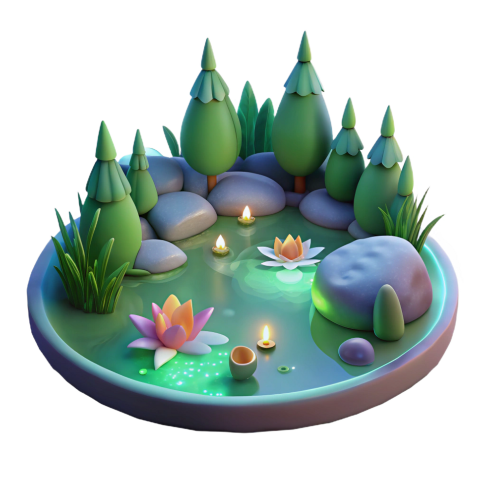 Serene Pond Scene 3D Render of Tranquil Water, Lily Pads, and Candles png