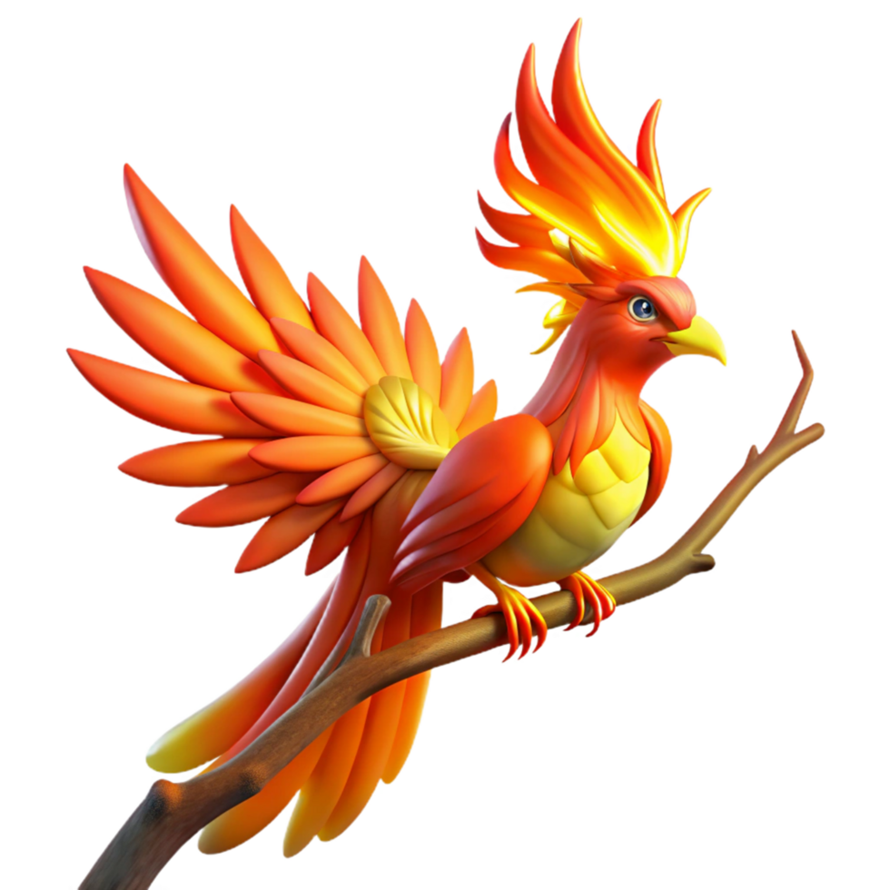 Fiery Avian on Branch 3D Render of Mythical Bird png