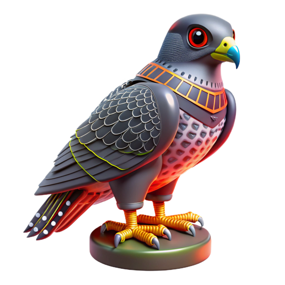 Robotic Falcon Figurine Cybernetic Bird, Mechanical Wings, Detailed Design, Collectible Model, 3D Render, Artificial Avian, Futuristic Sculpture, Gray and Gold, Intricate Feathers, Posable Joints png
