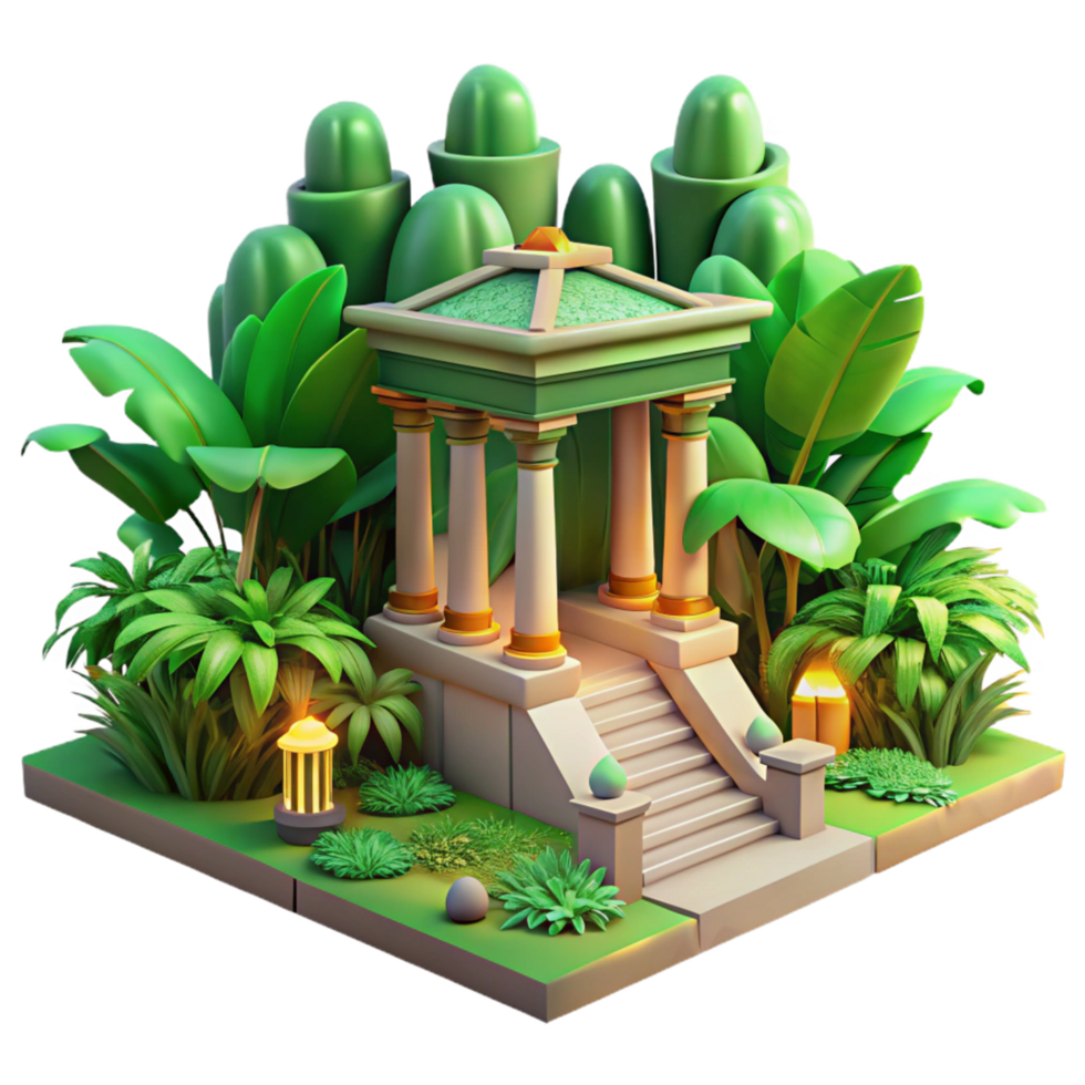 Tropical Temple Steps 3D Render of Lush Garden with Grecian Architecture png