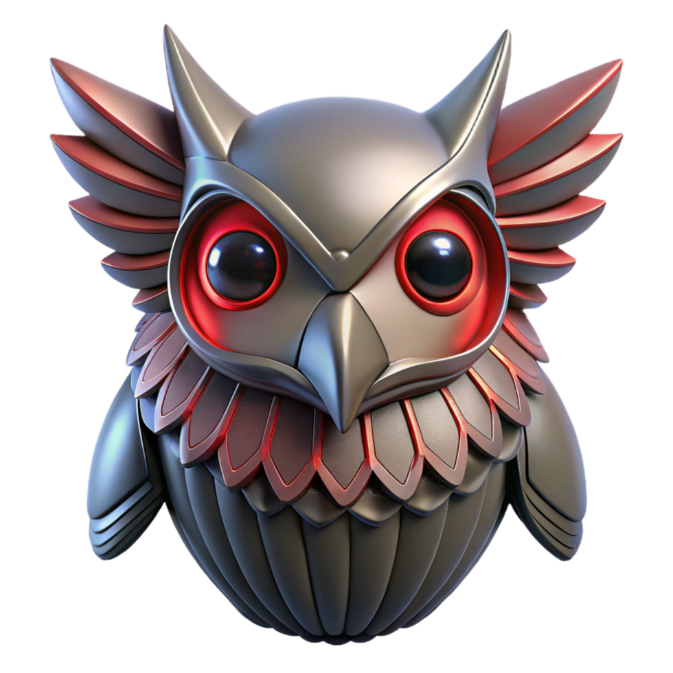 Robotic Owl 3D Render of Armored Bird with Red Eyes png