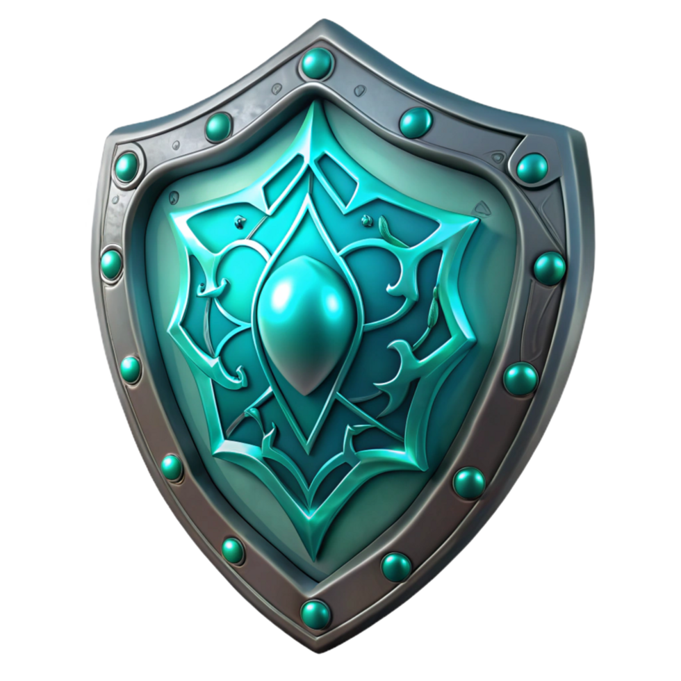 Ornate Fantasy Shield Teal and Silver Design png