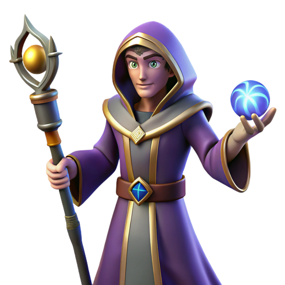 Young Mage with Staff and Orb Fantasy Game Character Art png