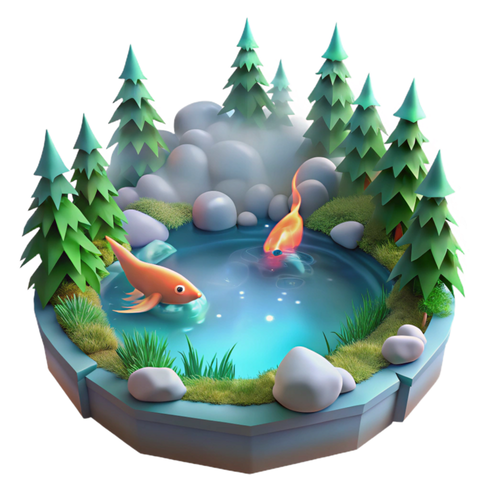 Serene Pond Scene 3D Render of Fish in a Forest Setting png