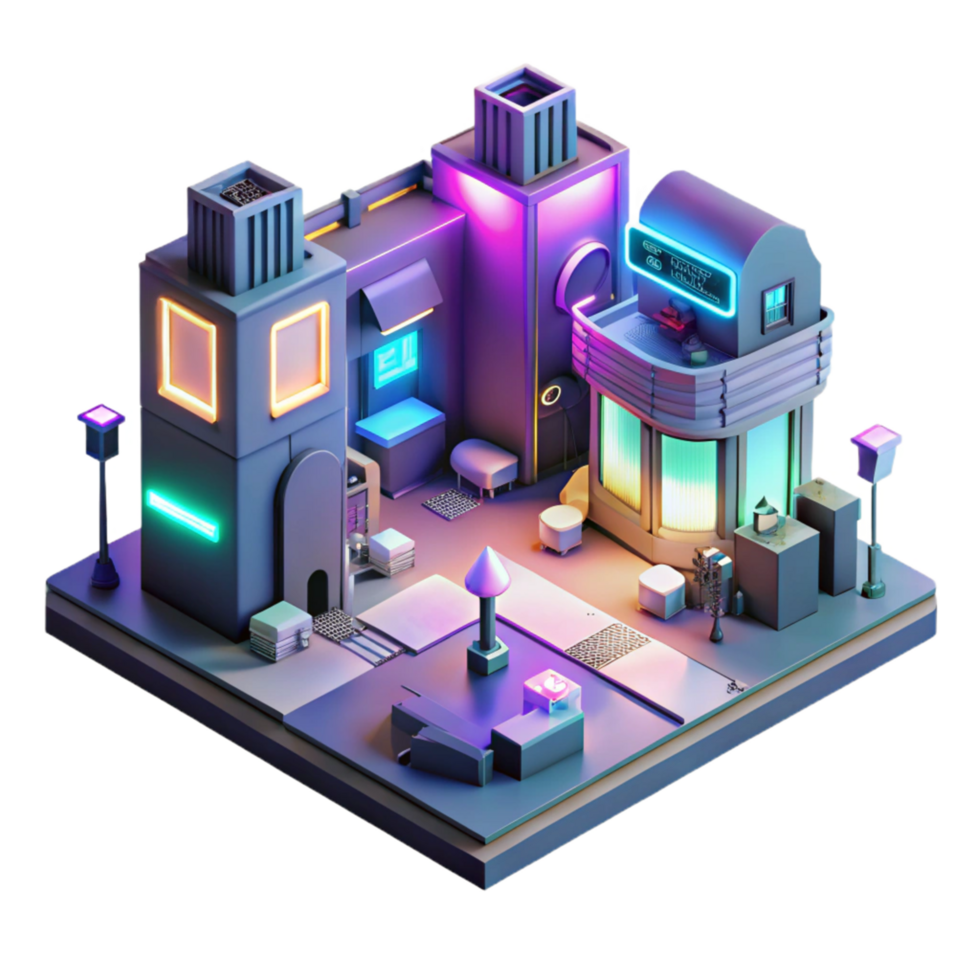 Neon Cityscape Isometric 3D Render of a Futuristic Urban Block png