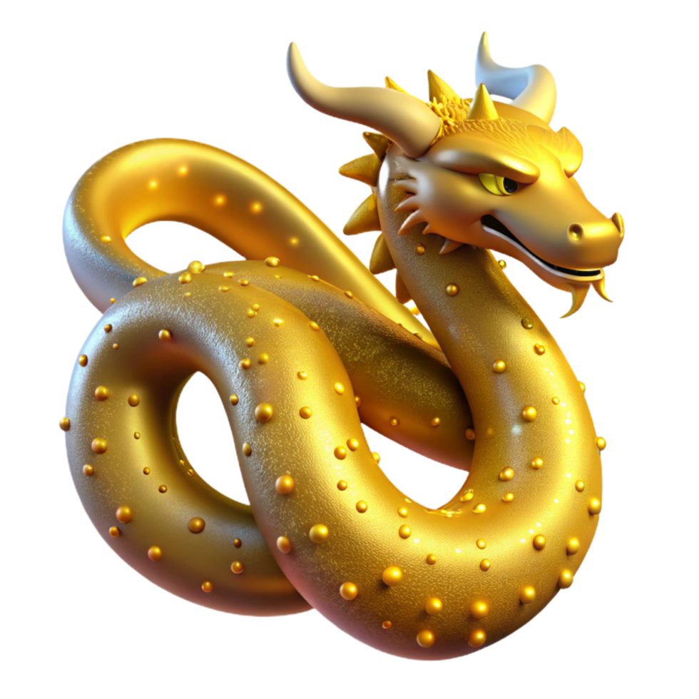 Golden Dragon, 3D Render, Mythical Creature, Coiled Body, Shiny Texture, Fantasy Art, Digital Illustration, Cartoon Style, Embossed Detail png