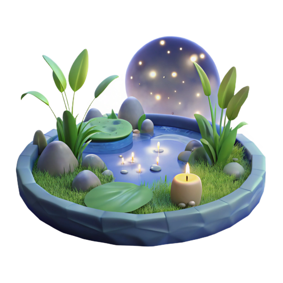 Serene Nighttime Pond 3D Render of Tranquil Water Feature with Candles and Plants png