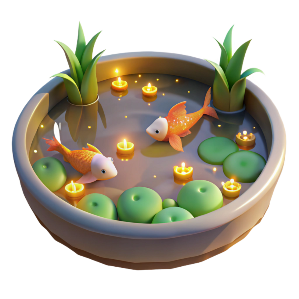 Serene Koi Pond at Night 3D Render of Aquatic Scene with Candles png
